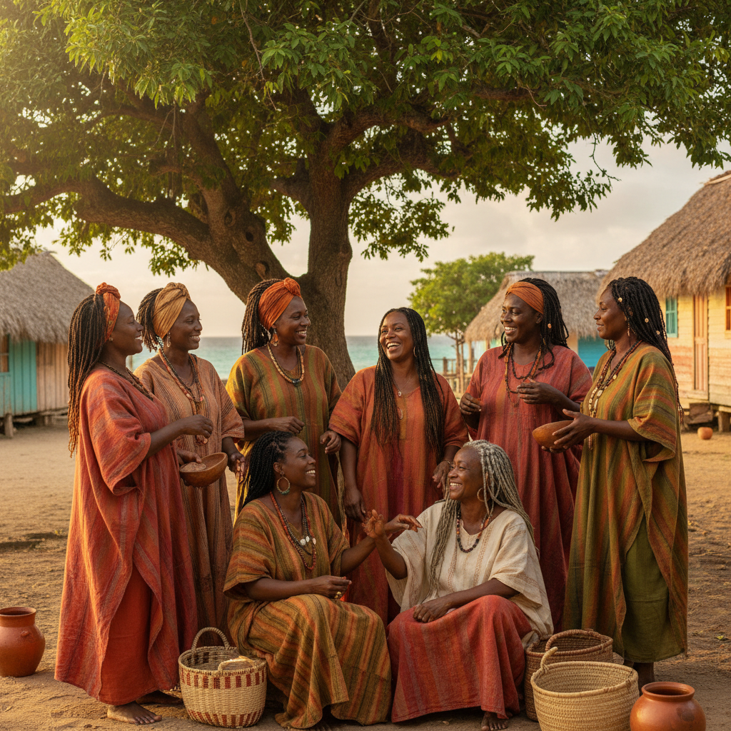 Mujeres garífunas afrodescendientes reunidas en comunidad.